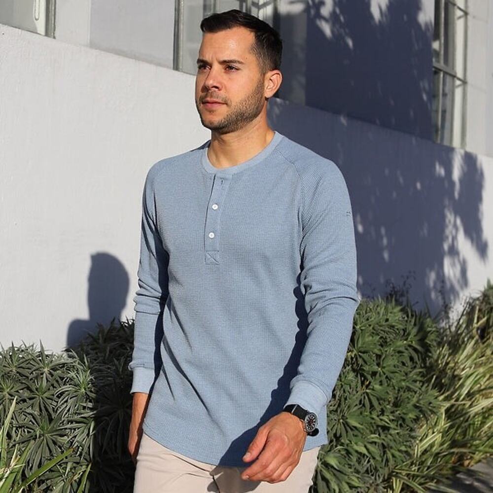 Myles Thermal Henley Mens T Shirt XL Grayish Blue Long Sleeve Crew Neck Logo